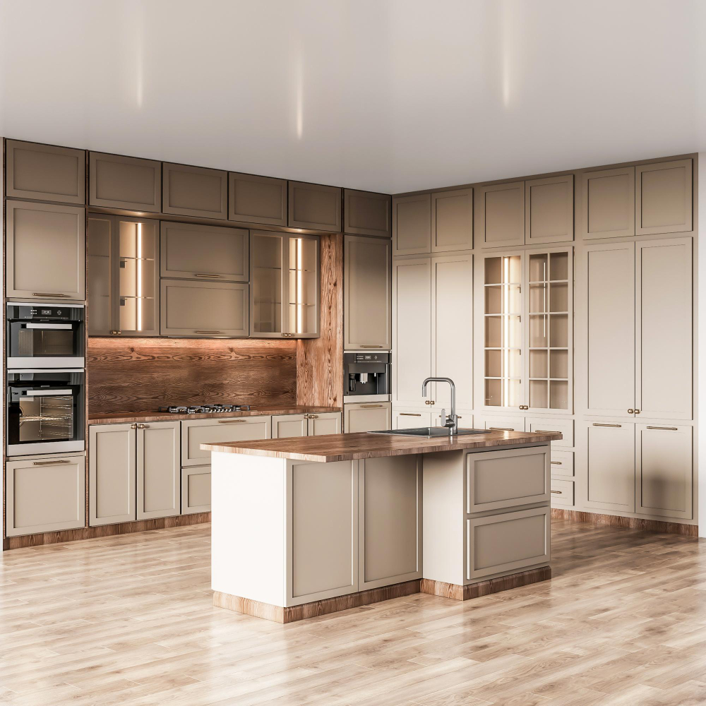 D render of fitted kitchen showing sleek cabinetry and chrome fittings